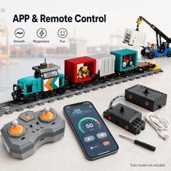 Toy train set with remote control and smartphone app on a light background
