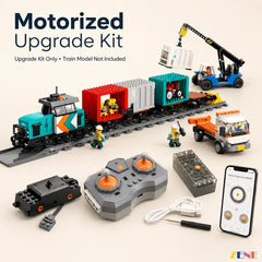 Motorized Upgrade Kit for a toy train set with control panel and smartphone app on a light background