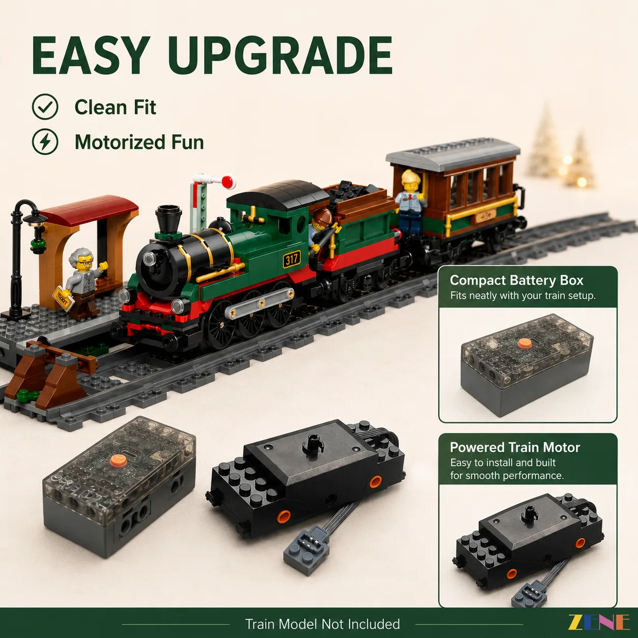 smooth locomotive wheel drive setup - ZENE Bricks Power Functions Kit for LEGO® Vintage Steam Train #60511