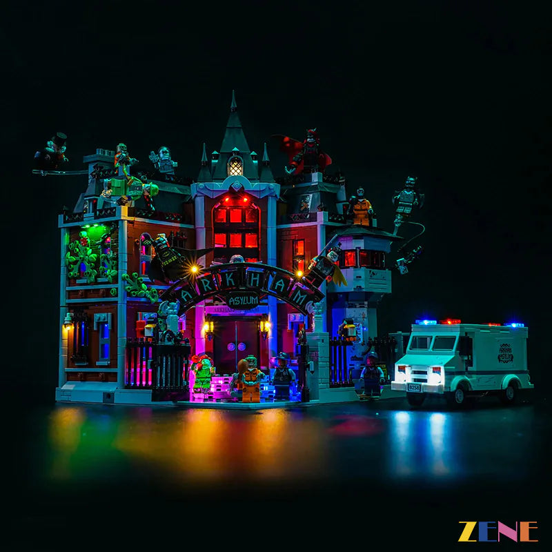 purple neon Gotham display effect - ZENE Bricks Light Kit for LEGO® Arkham Asylum #76300