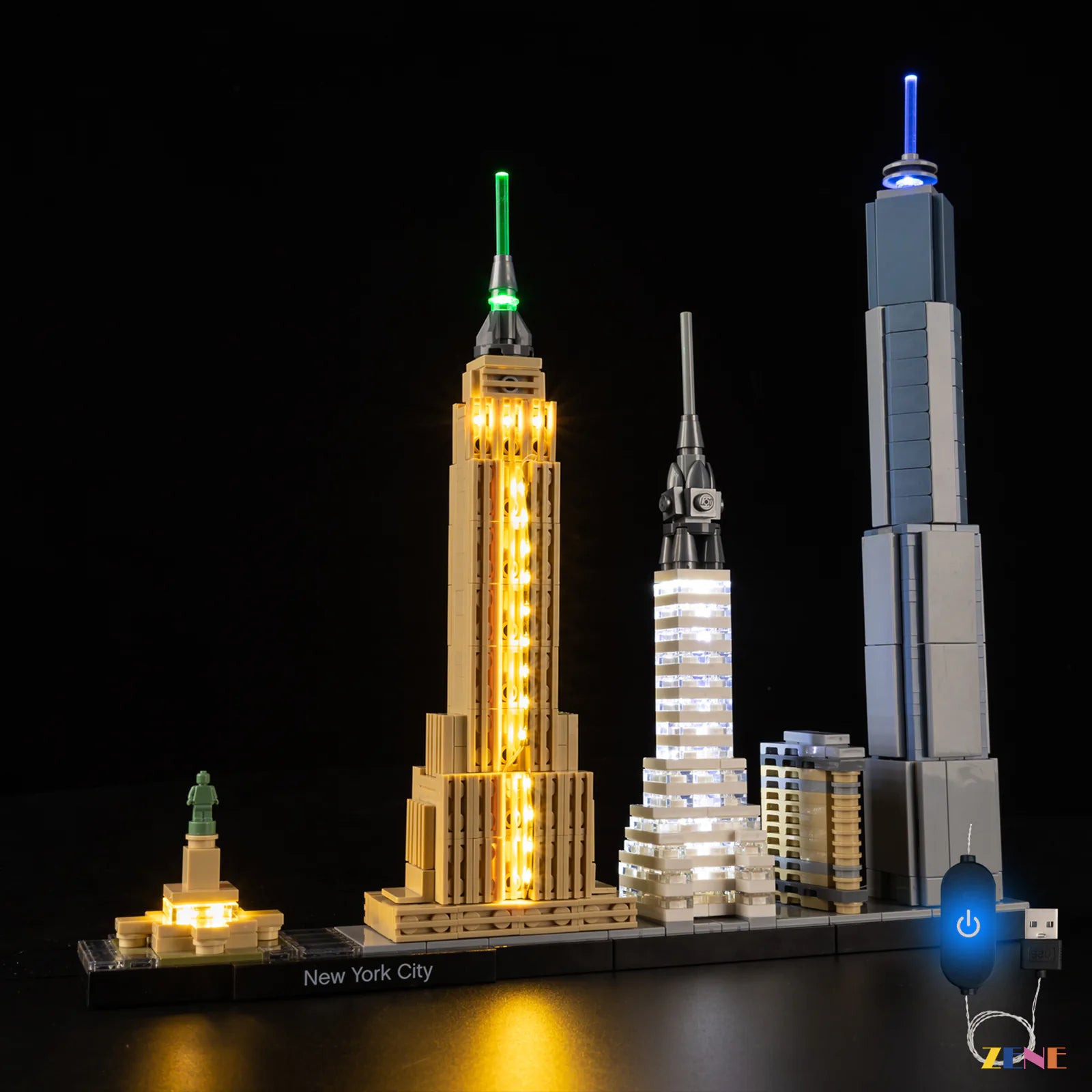 NYC skyline after dark illumination - ZENE Bricks Light Kit for LEGO® New York City #21028