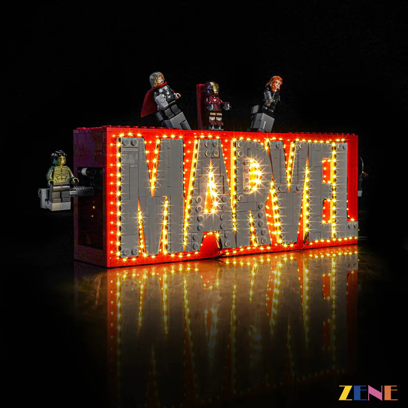 Marvel logo marquee warm white LEDs - ZENE Bricks Light Kit for LEGO® Marvel Logo & Minifigures #76313