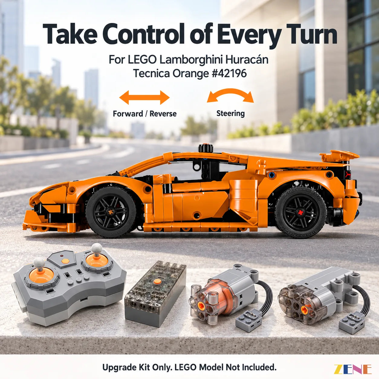 Rear three-quarter view of an orange LEGO Huracán on a hobby workbench with RC components, app-control and video-guide icons.