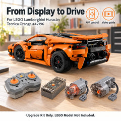 Side view of an orange LEGO Huracán in an urban scene with RC components and driving and steering arrows.