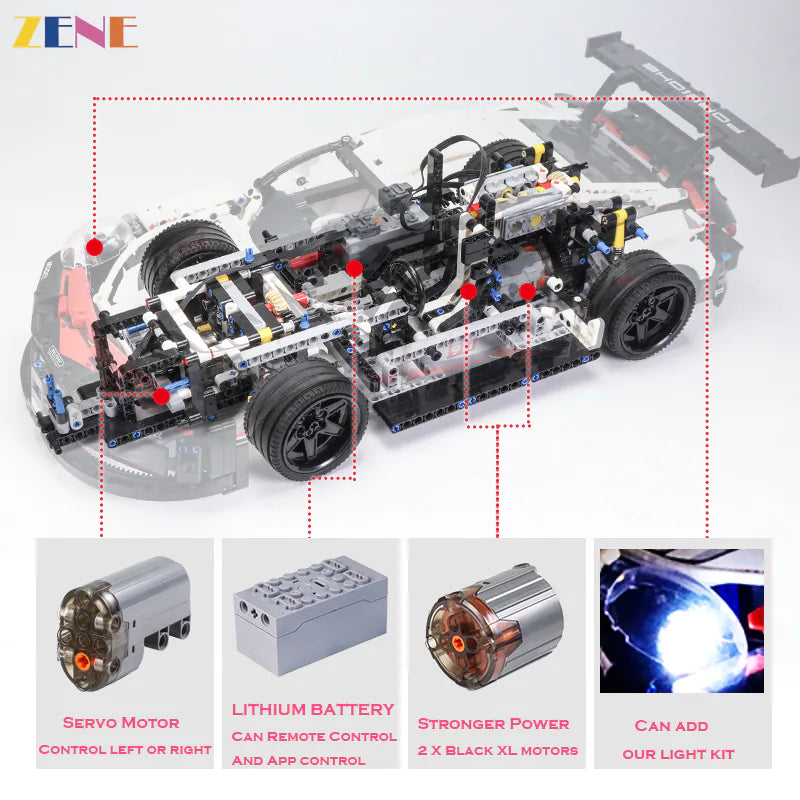 zene bricks Power Functions Kit for LEGO Porsche 911 RSR #42096 Motor