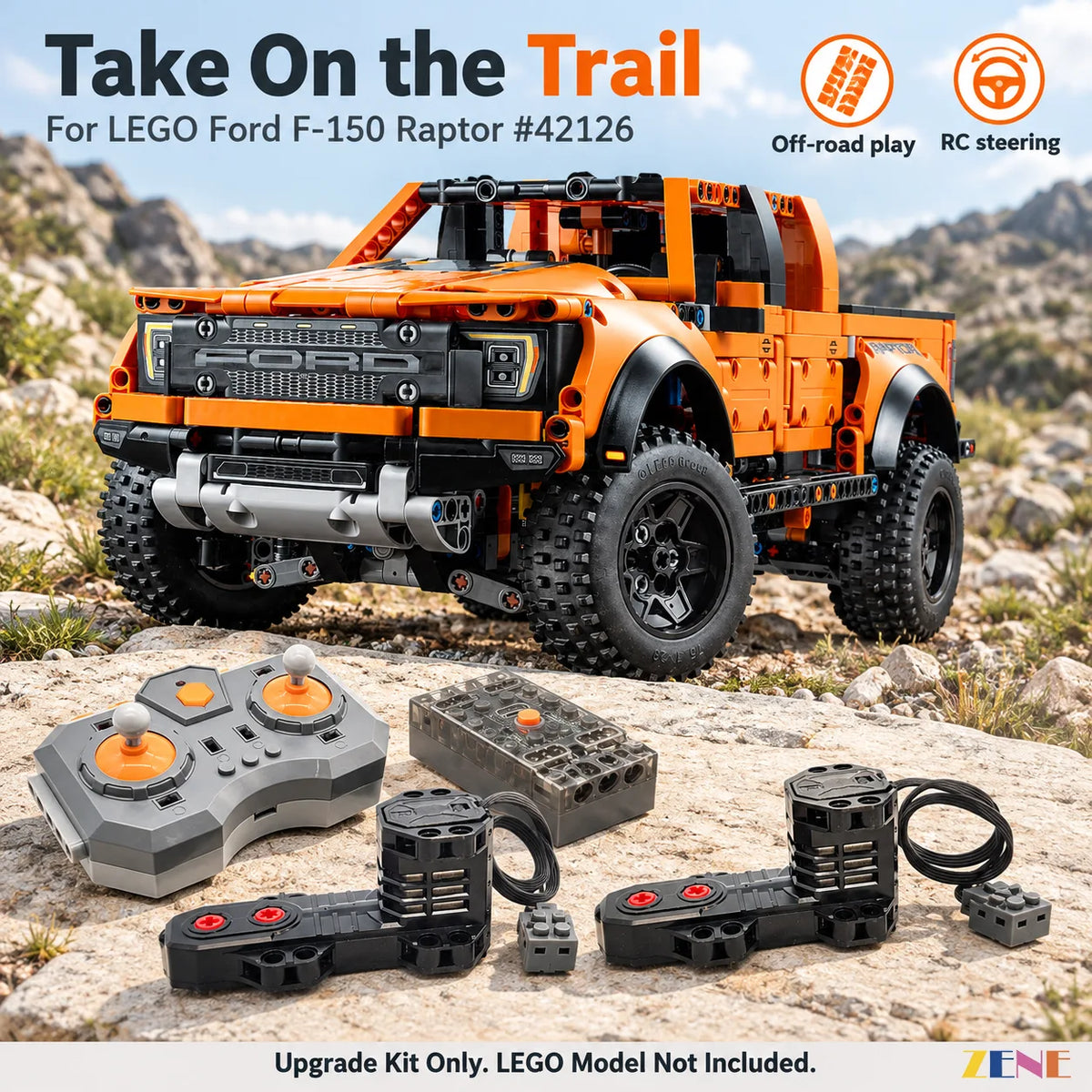 LEGO Ford F-150 Raptor in a garage with two Monster motors, one servo, one remote and one battery.