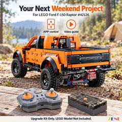 Rear three-quarter view of a LEGO Raptor at a woodland campsite with app-control and video-guide icons.