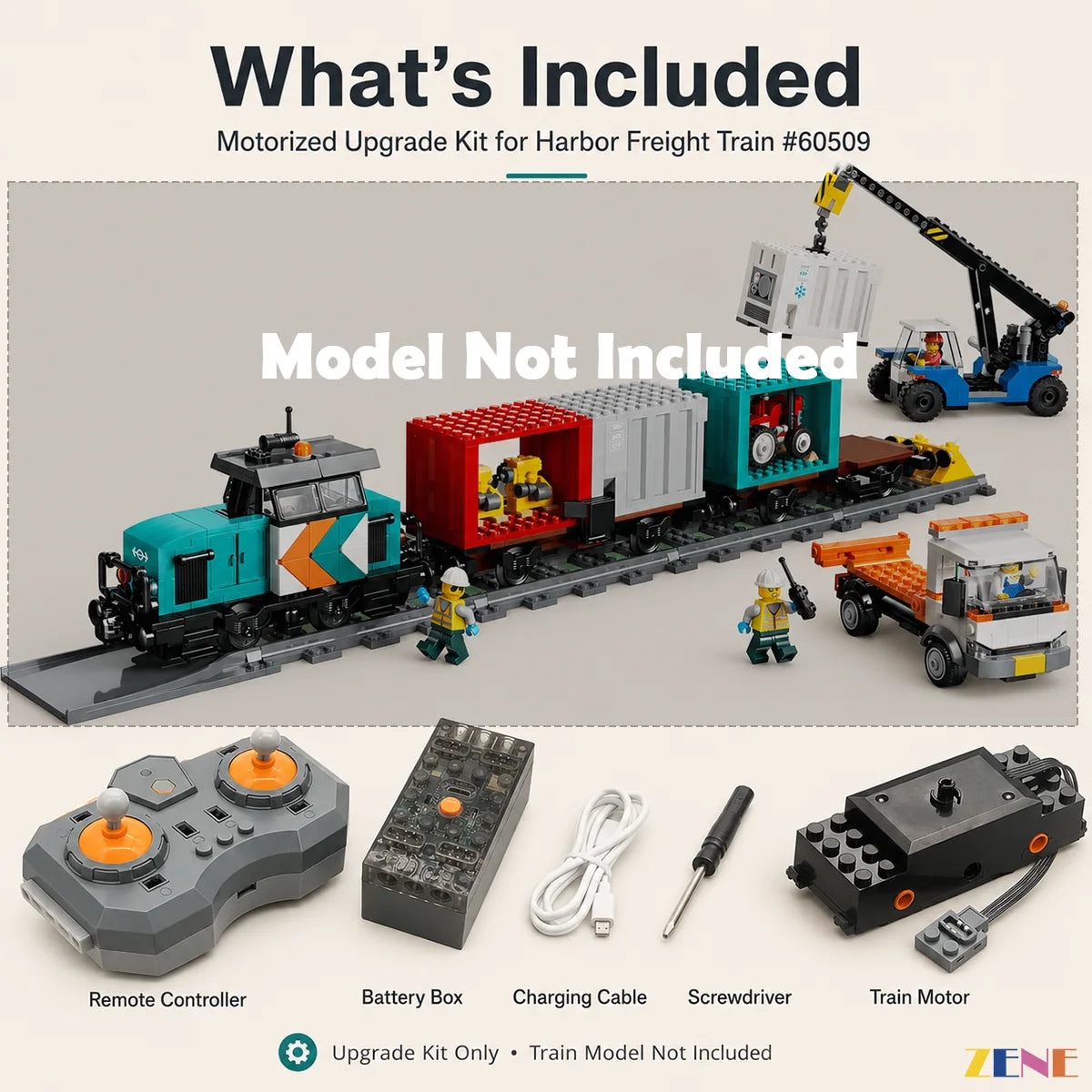 motorized train components displayed kit - ZENE Bricks Power Functions Kit for LEGO® Harbor Freight Train #60509