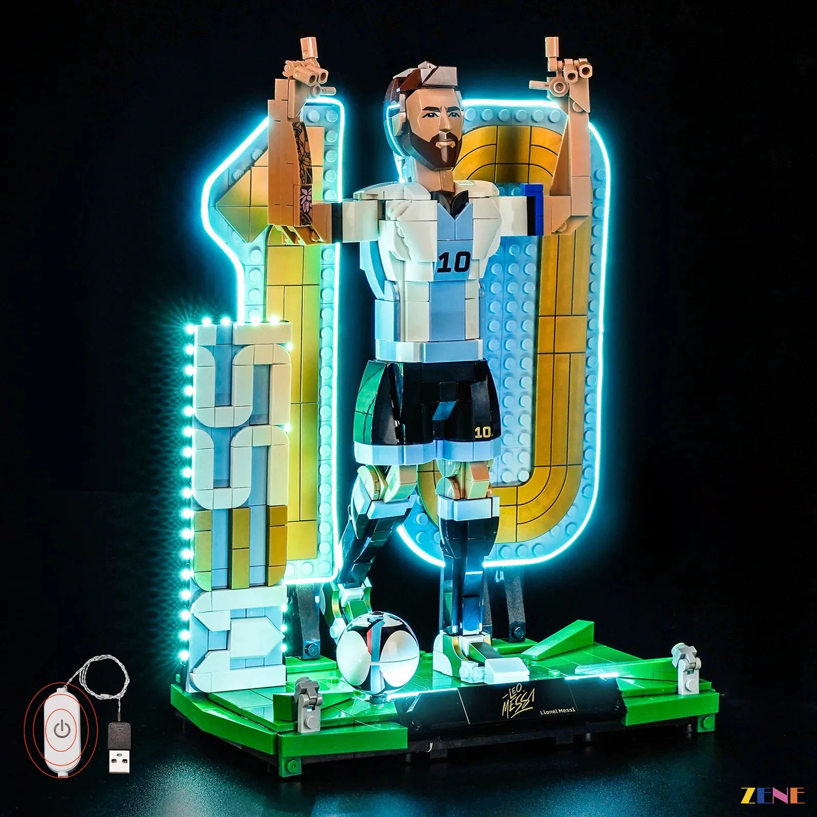 Argentina number 10 golden base glow - ZENE Bricks Light Kit for LEGO® Lionel Messi Soccer Legend #43015