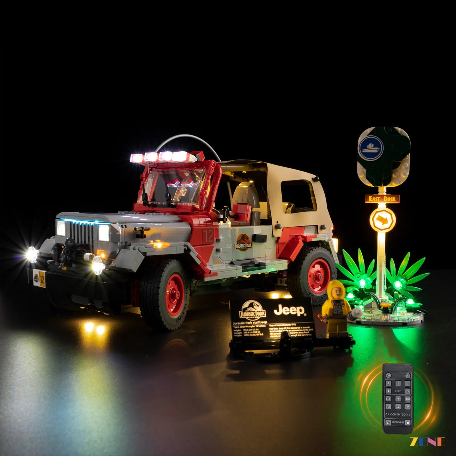 silver Jeep nighttime display scene - ZENE Bricks Light Kit for LEGO® Jurassic Park Jeep Wrangler #77984