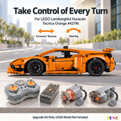 Rear three-quarter view of an orange LEGO Huracán on a hobby workbench with RC components, app-control and video-guide icons.