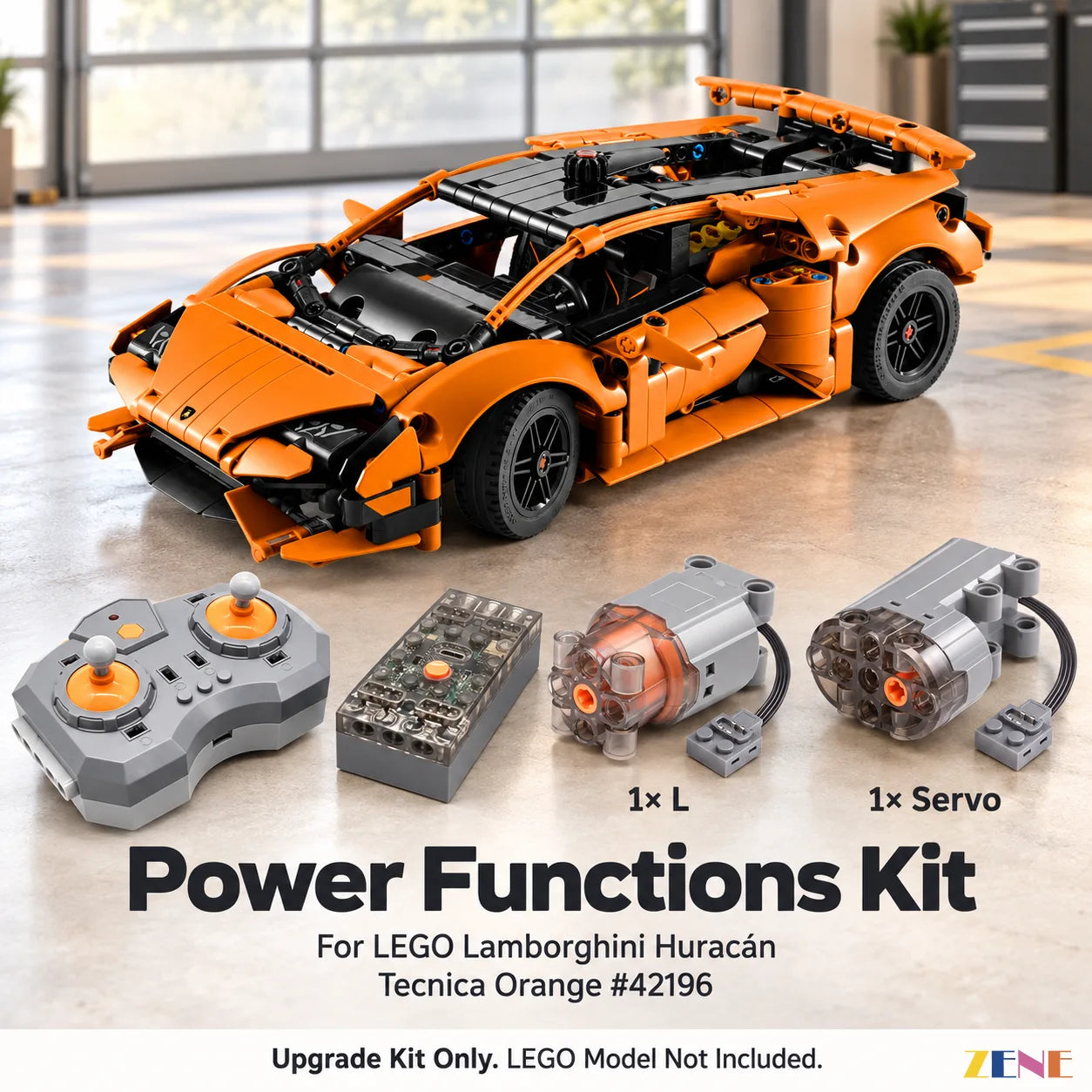 Front three-quarter view of an orange LEGO Huracán with one remote, one battery, one L motor and one servo in a modern garage.